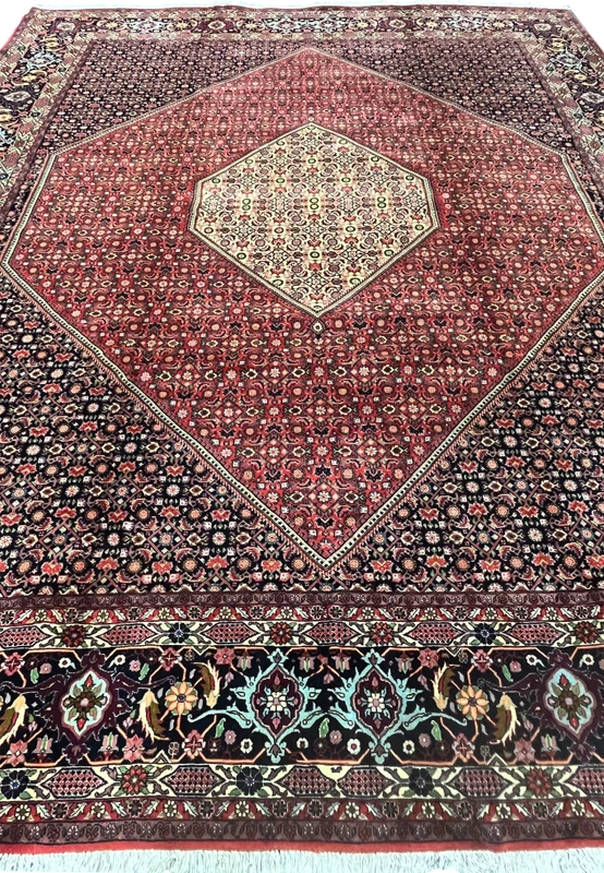 10x13 Bijar Persian rug mid-field detail with repeating floral lattice