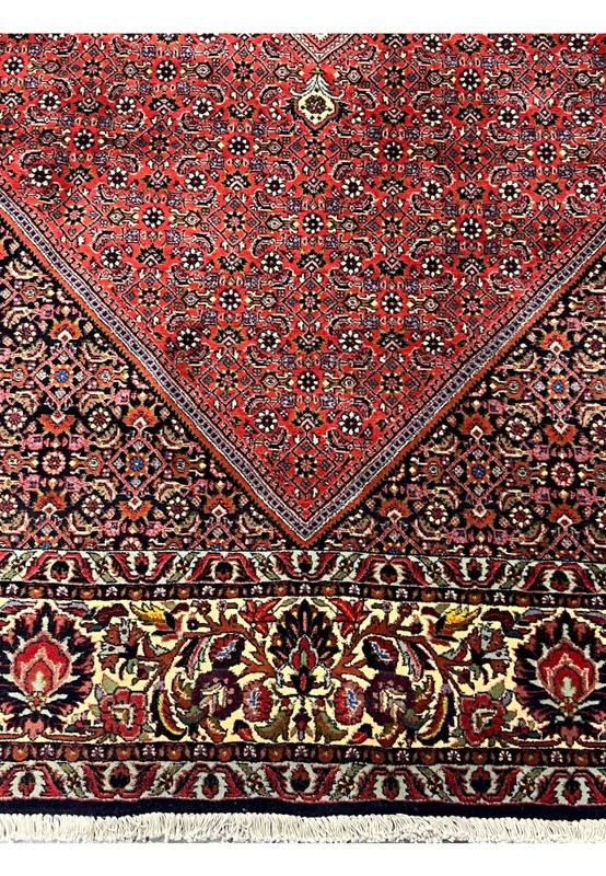 Lower floral border of Persian Bijar rug with vine and palmette motifs
