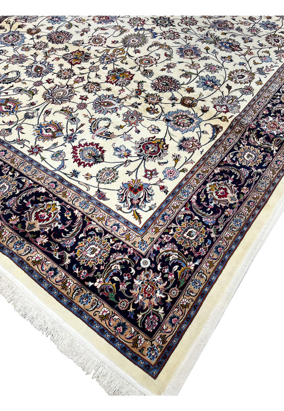 Edge and hand-finished fringe detail of signed Persian Mashad Saber rug