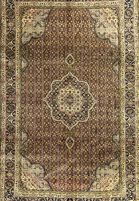 Midfield detail of Persian Bijar rug highlighting compact floral lattice and dense knotting.