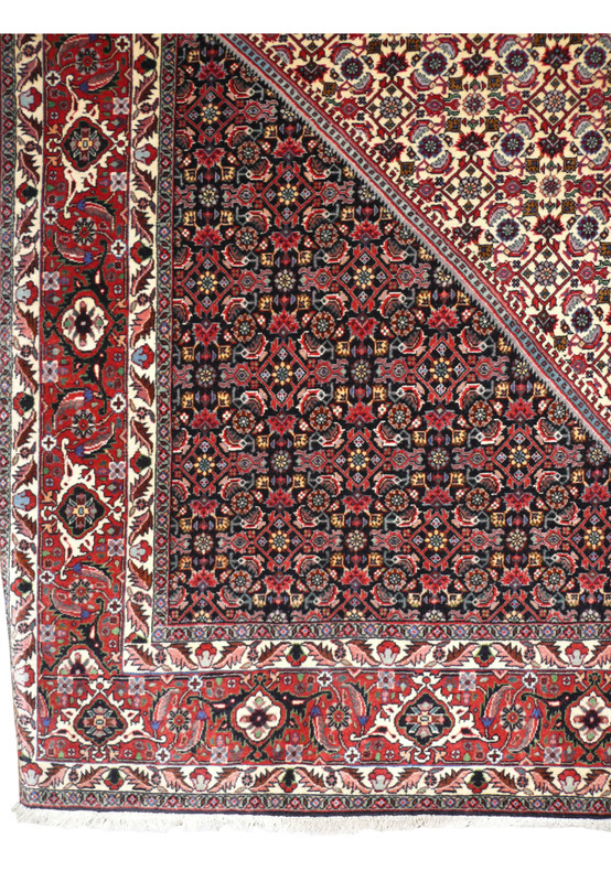 Border detail of Persian Bijar rug showing intricate floral geometric patterning