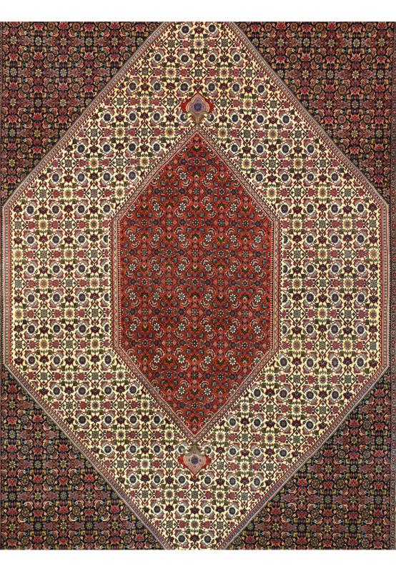 Close up of Persian Bijar rug medallion with red ivory and navy geometric motifs