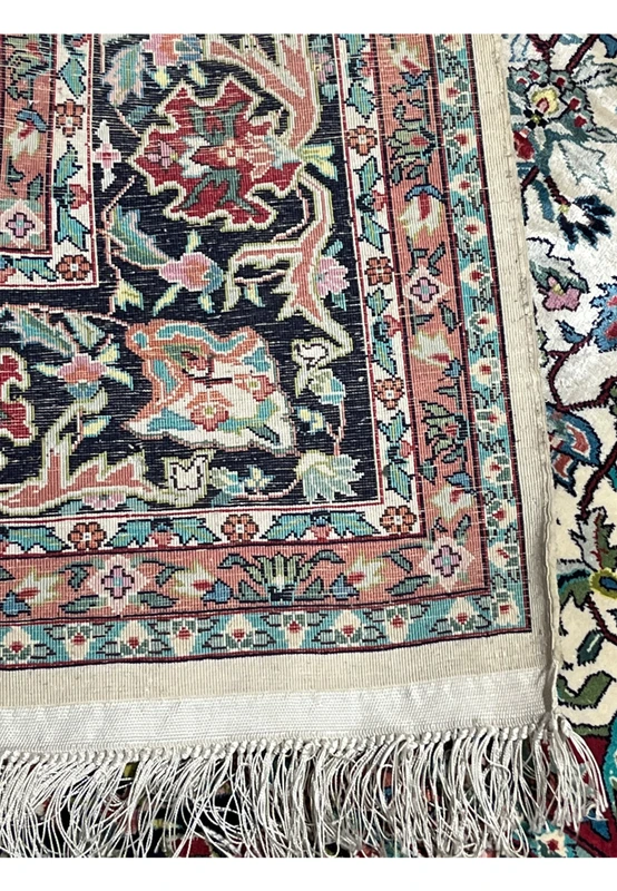 Full backside view of 6x9 oriental silk rug highlighting uniform weave, silk sheen, and detailed pattern visibility