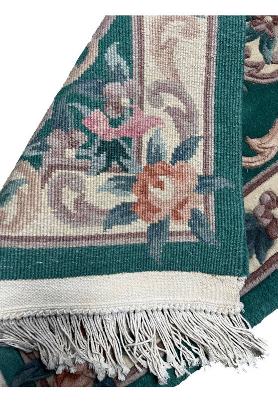 Backside view of Aubusson Art Deco rug showing clean weave structure, consistent knotting, and well-maintained foundation