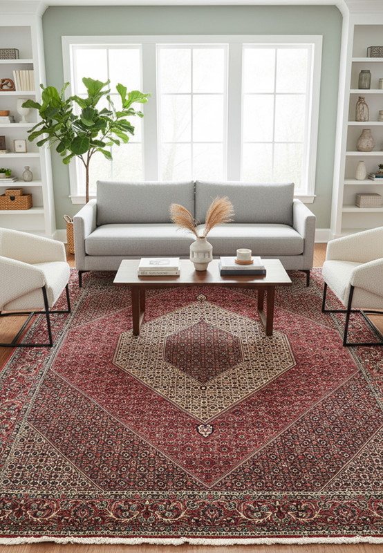 Full view of a 9'8 x 13'7 Persian Bijar iron rug