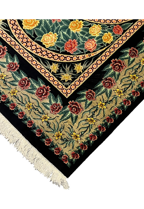 Edge detail of a 3'5 x 5'2 Persian Qum pure silk rug showing tight finishing, even silk pile, and sharply defined borders along the outer frame