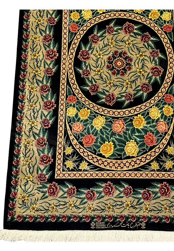 Border close-up of a Persian Qum 100 percent silk rug featuring repeating rose motifs, scrolling vines, and finely articulated floral guard borders