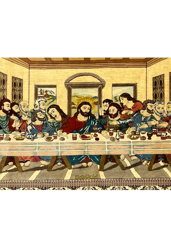 Detailed view of pure silk Persian Qum Pardis pictorial rug highlighting intricate faces, layered garments, and high-knot silk craftsmanship