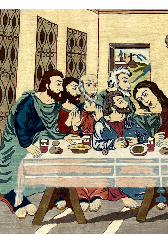 Side figures detail of signed Persian Qum silk Last Supper rug highlighting layered garments, gestures, and finely knotted silk textures