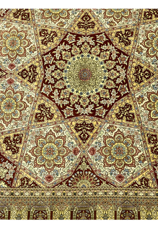 Lower section of signed Amjadi Persian Qum silk rug showing border alignment, floral motifs, and fine silk weaving clarity