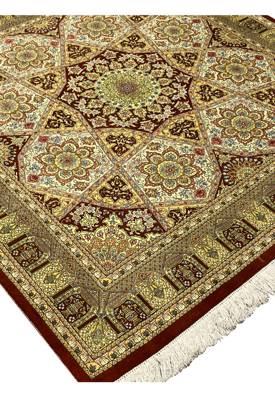 Side view of signed Amjadi Persian Qum 5 x 5 silk on silk square rug showing border depth, medallion geometry, and luminous silk sheen