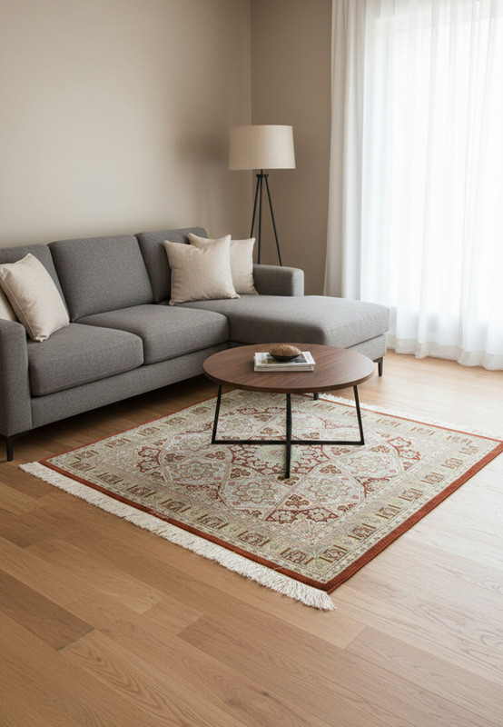 Full view of signed Amjadi Persian Qum 5 x 5 square rug