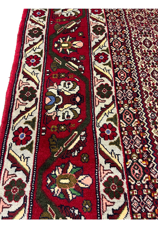 Border close-up of Persian Senneh rug featuring floral medallions, vine elements, red and ivory palette, and sharply articulated outlines