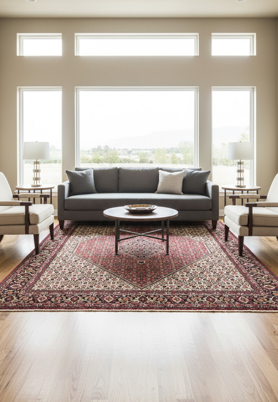 Full view of hand knotted Persian Bijar rug