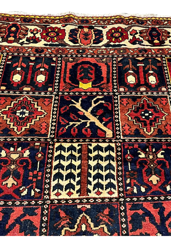 Pictorial square boxes in a Persian Bakhtiar rug showing trees, floral symbols, and geometric forms