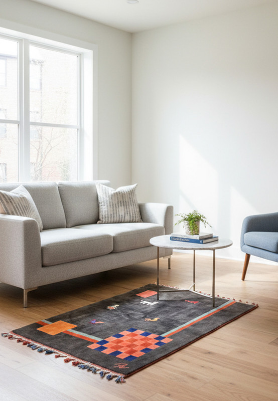 Full view of 3'5 x 5'6 Persian Gabbeh tribal rug