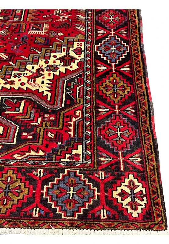 Border closeup of Heriz tribal rug displaying repeating diamond motifs stylized flowers and classic village weaving details