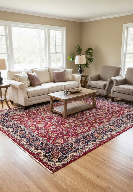 Backside closeup with ruler showing knot density and scale on Persian Mashad rug
