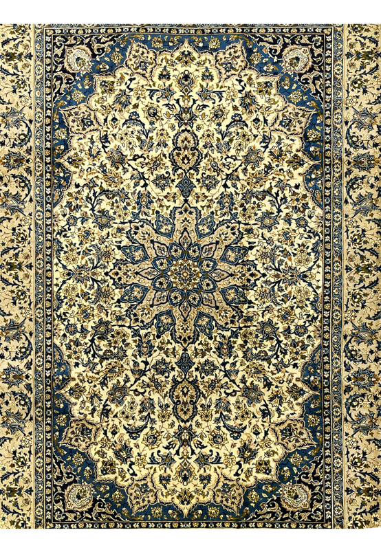 Close view of ivory midfield on Persian Kashan rug with detailed floral motifs blue highlights and fine wool knotting