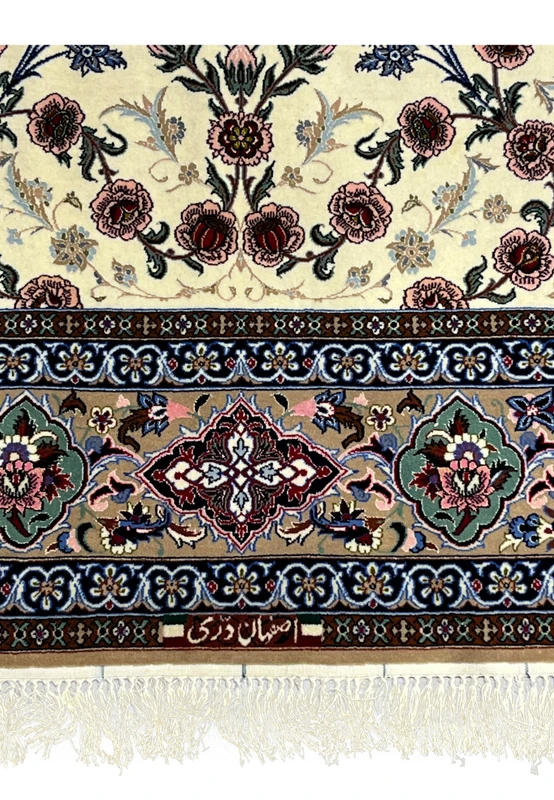 Persian Isfahan wool silk rug signed Darri weaver signature in Persian script navy border ivory fringe