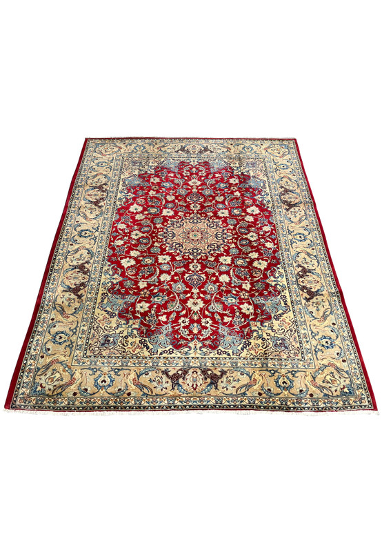Laid down 10x13 Persian Isfahan wool rug crimson red ground ivory floral border with deer and bird motifs handmade
