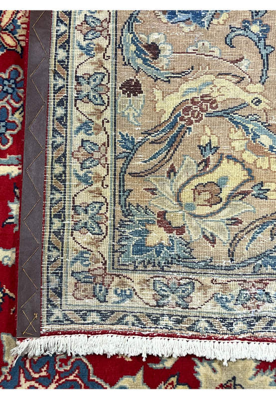 Backside 10x13 Persian Isfahan wool rug hand knotted cotton foundation crisp floral pattern visible through weave