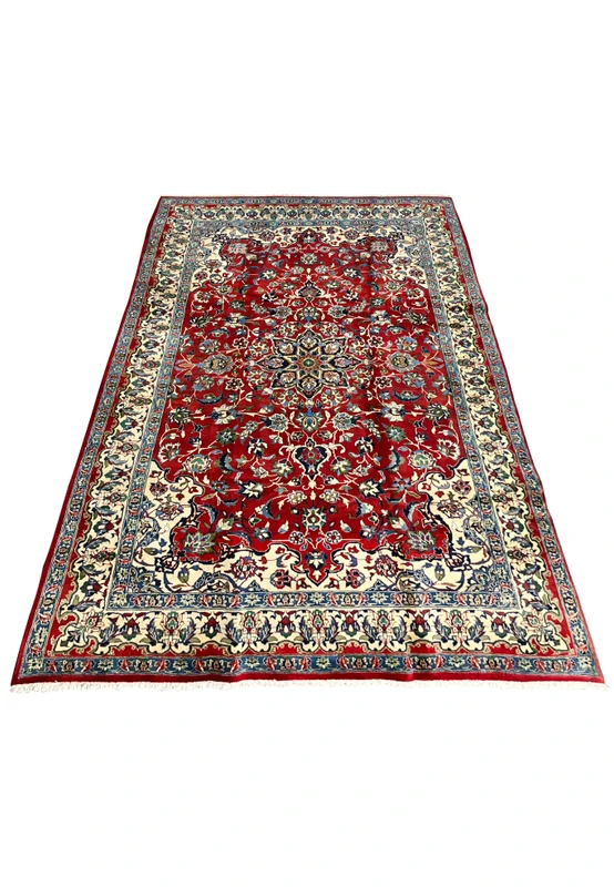 8 x 12 Persian Isfahan Wool Rug Crimson Red Field Floral Medallion in Red and Ivory