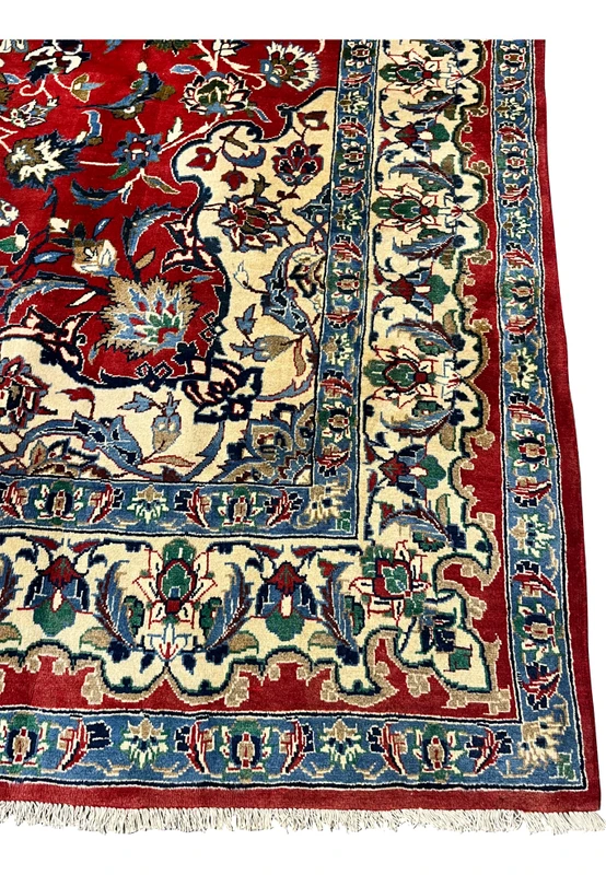 Border corner detail 8x12 Persian Isfahan wool rug ivory ground green blue floral palmette scrollwork crimson red field