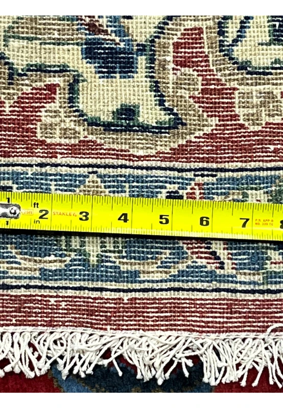 Backside with ruler 8x12 Persian Isfahan wool rug measuring knot density hand knotted cotton foundation
