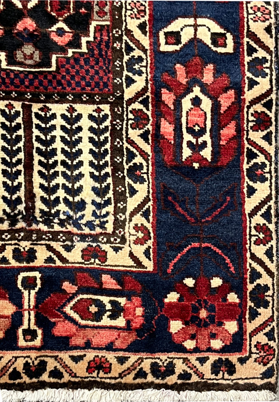 Close-up of Bakhtiari rug border showing floral vine and tulip motifs, 7x10 Persian wool rug
