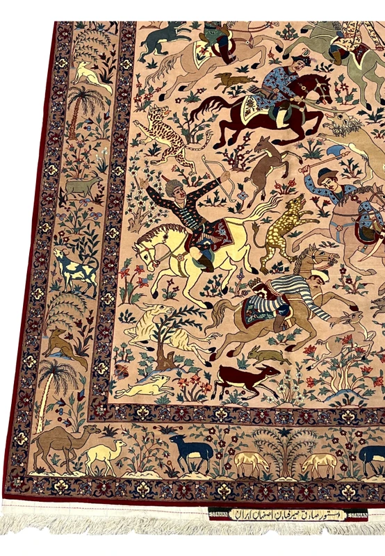 Animal border detail of 5x8 Persian Isfahan Seirafian rug with camels, deer and floral vine