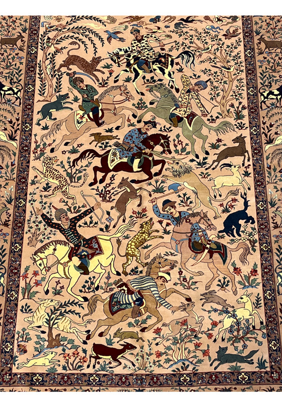 Midfield detail of 5x8 Persian Isfahan Seirafian hunting rug with horsemen and wild animals