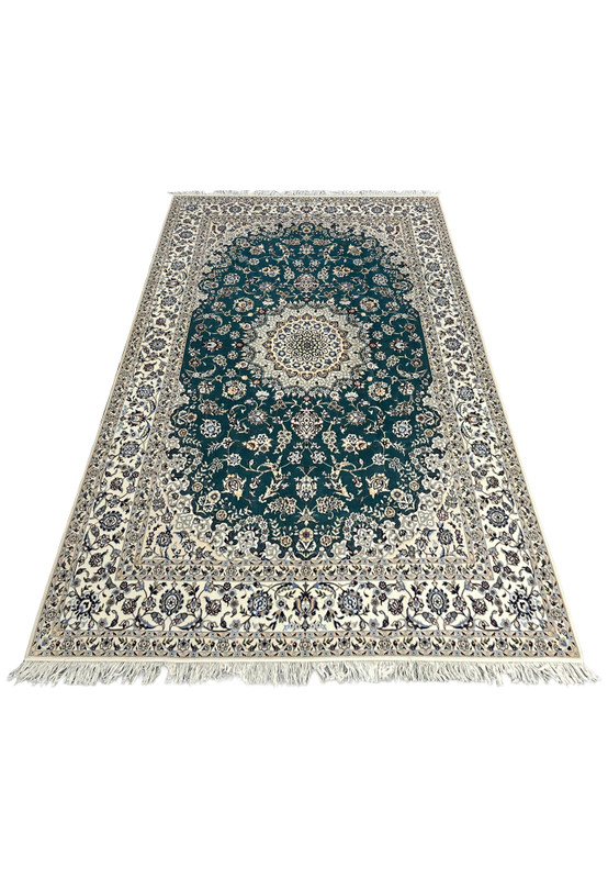 7x10 Persian Nain 6La Habibian teal and ivory medallion rug laid flat, wool and silk pile