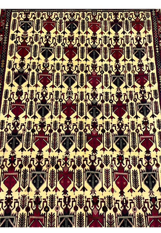 Midfield detail of 5x8 Persian Afshar rug showing allover boteh and vase motifs on ivory ground