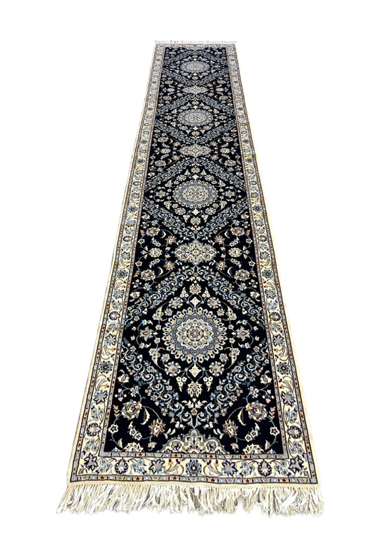 2'9x13 Persian Nain 6La navy blue ivory wool silk medallion floral runner laid down view