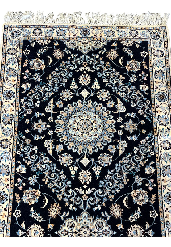 2'9x13 Persian Nain 6La navy blue ivory wool silk central medallion runner detail