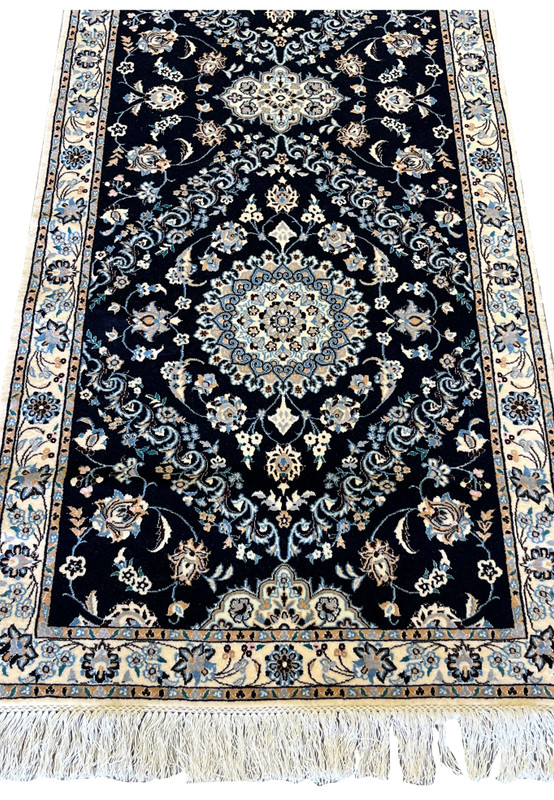 2'9x13 Persian Nain 6La navy blue ivory wool silk medallion floral lower section view