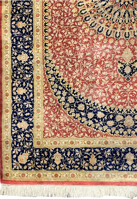 3x5 Persian Qum pure silk rug Amir Naghash signature cartouche navy gold upper border detail