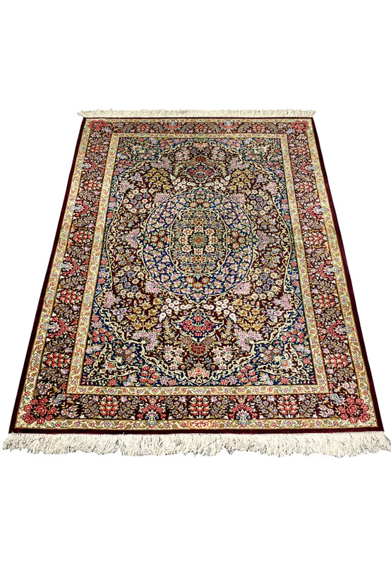 3x5 Persian Qum pure silk rug signed Varmaluei burgundy navy gold multicolor medallion full view