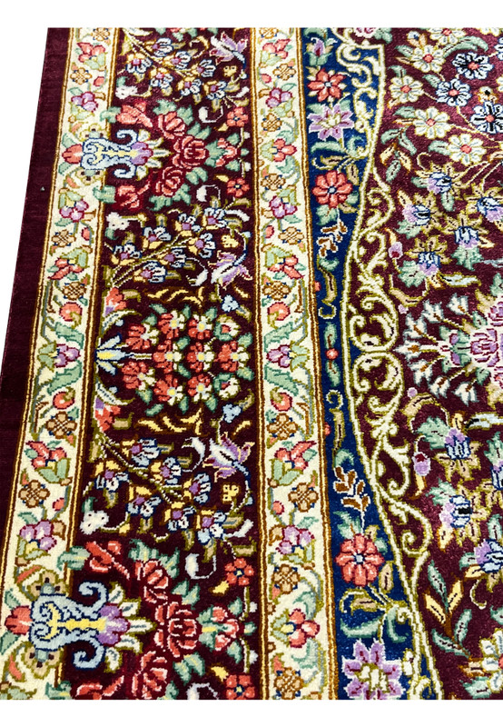 3x5 Persian Qum pure silk rug signed Varmaluei burgundy navy multicolor medallion laid down view