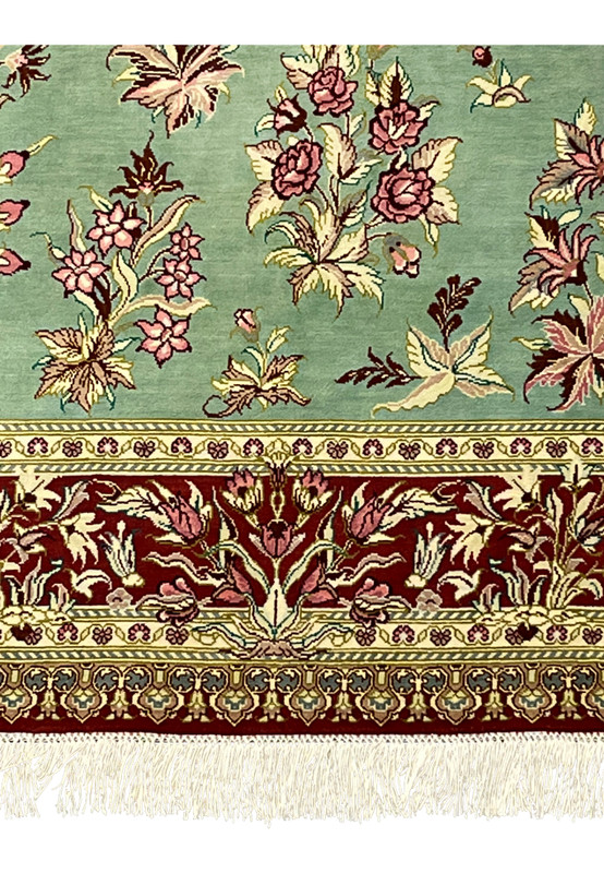 3x5 Persian Qum pure silk rug signed Motevasel crimson floral border ivory fringe lower border