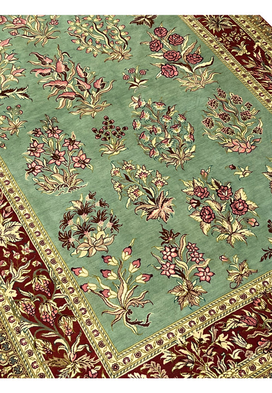 3x5 Persian Qum pure silk rug signed Motevasel allover floral celadon crimson angled overhead view