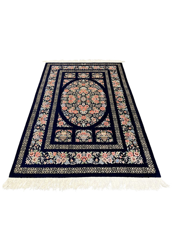 3x5 Persian Qum pure silk rug signed oval medallion navy blue coral floral laid flat view