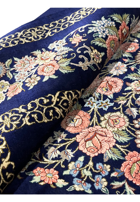 3x5 Persian Qum pure silk rug signed rolled view silk pile sheen navy coral floral border