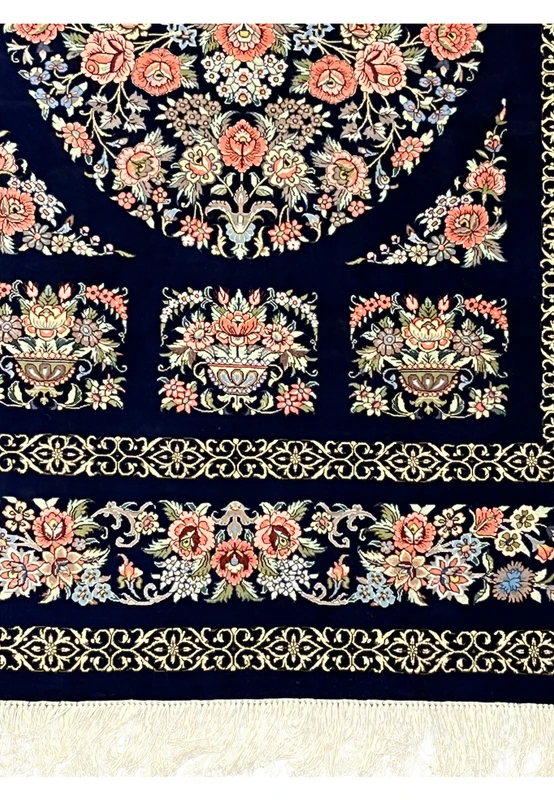 3x5 Persian Qum pure silk rug signed vase cartouche lower border ivory fringe navy blue