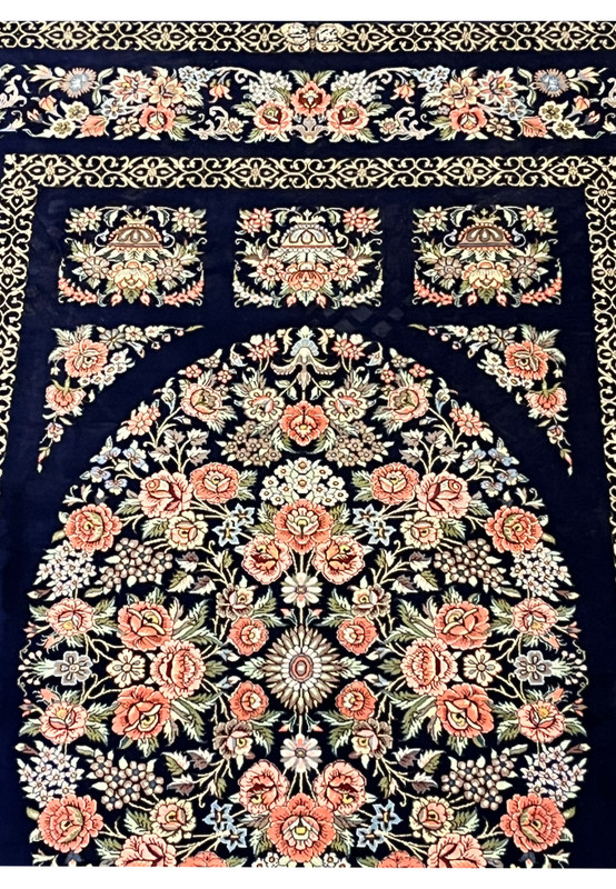 3x5 Persian Qum pure silk rug signed upper vase cartouche panels navy floral border detail