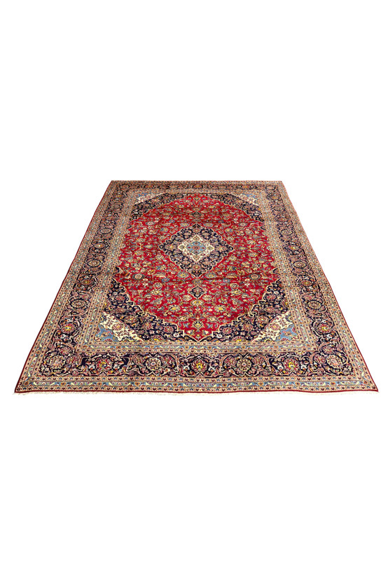 10x14'7 Persian Kashan rug featured on Shark Tank crimson navy medallion floral laid flat view