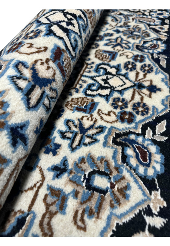 3x5 Persian Nain rug rolled view wool pile ivory navy arabesque border