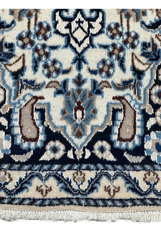 3x5 Persian Nain rug lower border navy ivory floral vine fringe detail