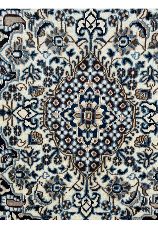 3x5 Persian Nain rug navy diamond medallion ivory arabesque powder blue closeup